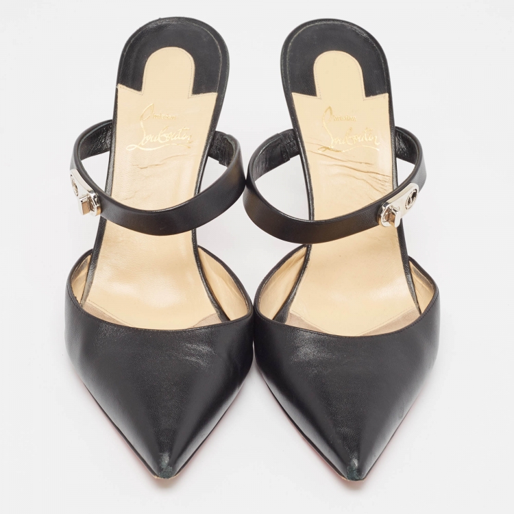 Pre Owned Christian Louboutin Black Leather Choco Lock Mules Size 41