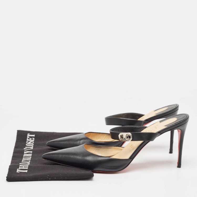 Pre Owned Christian Louboutin Black Leather Choco Lock Mules Size 41