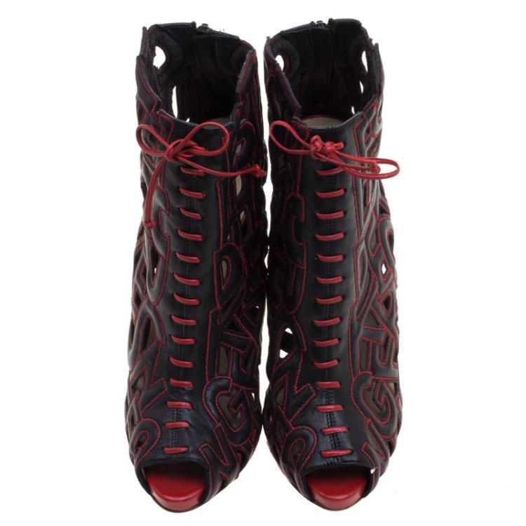 Pre Owned Christian Louboutin Black and Red Leather Let Me Tell You Peep Toe Lace Up Boots Size 38.5