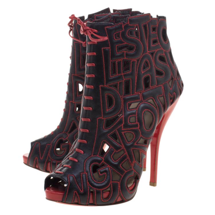 Pre Owned Christian Louboutin Black and Red Leather Let Me Tell You Peep Toe Lace Up Boots Size 38.5