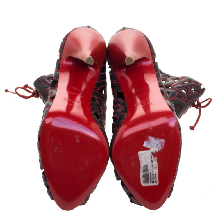 Pre Owned Christian Louboutin Black and Red Leather Let Me Tell You Peep Toe Lace Up Boots Size 38.5