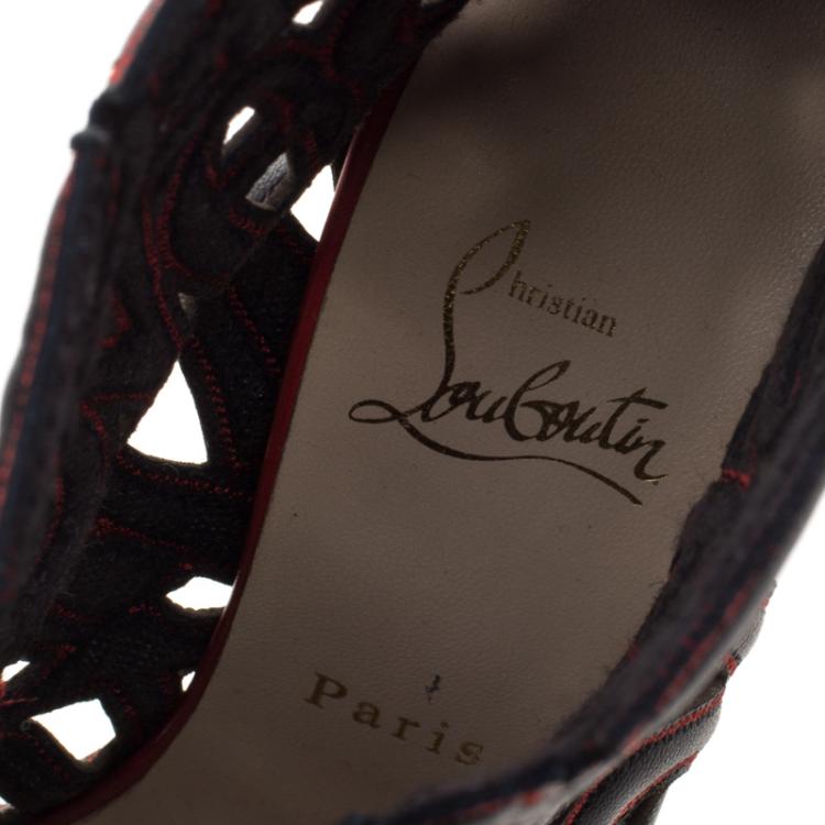 Pre Owned Christian Louboutin Black and Red Leather Let Me Tell You Peep Toe Lace Up Boots Size 38.5
