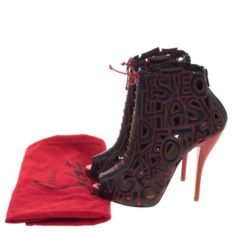 Pre Owned Christian Louboutin Black and Red Leather Let Me Tell You Peep Toe Lace Up Boots Size 38.5