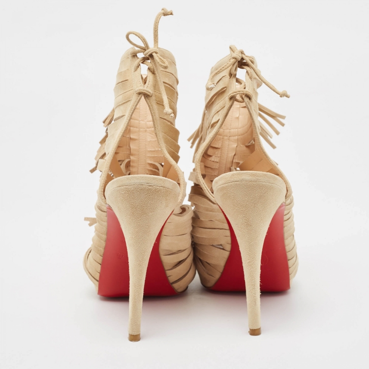 مملوكة مسبقًا Christian Louboutin Beige Suede Fringe Detail Trim Accent Peep Toe Ankle Boots Size 38
