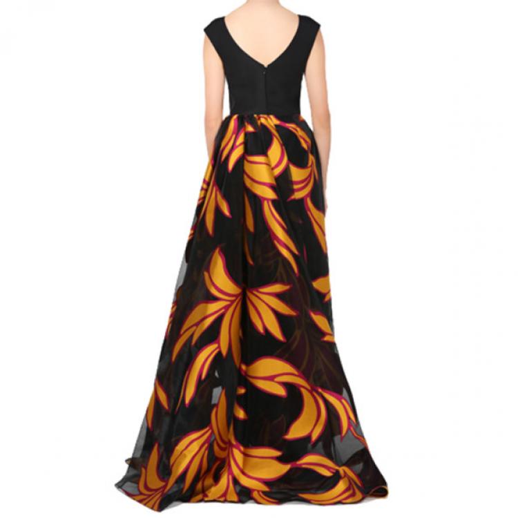 Pre Owned Christian Siriano Black and Yellow Silk Printed Gown S
