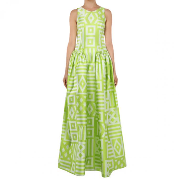 Pre Owned Christian Siriano Lime Geometric-Print Gown S