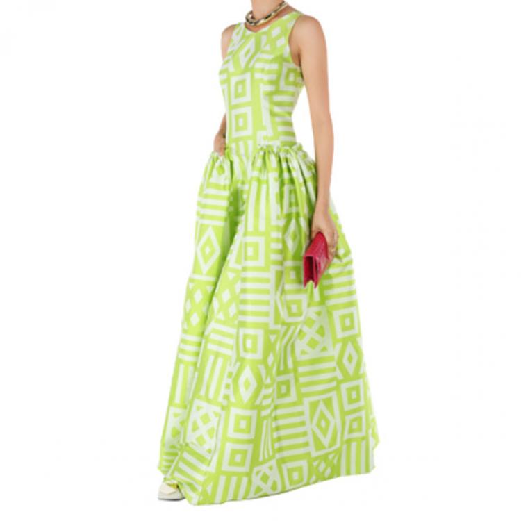 Pre Owned Christian Siriano Lime Geometric-Print Gown S