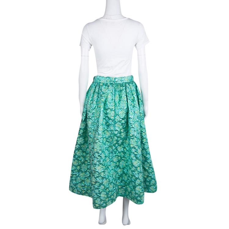 Pre Owned Christian Siriano Metallic Green Floral Jacquard Bubble Lamé Tea Length Skirt M