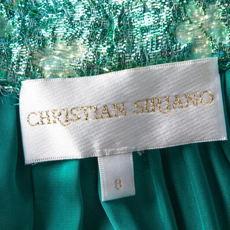 Pre Owned Christian Siriano Metallic Green Floral Jacquard Bubble Lamé Tea Length Skirt M