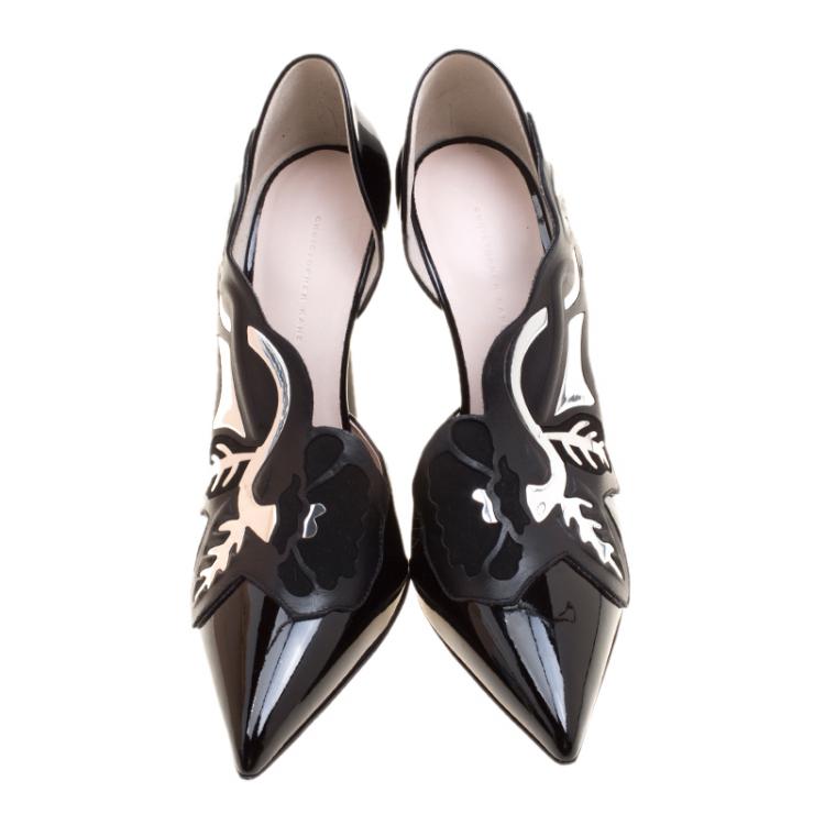 مملوكة مسبقًا Christopher Kane Black Patent Leather Art Deco Open Court Pointed Toe Pumps Size 39