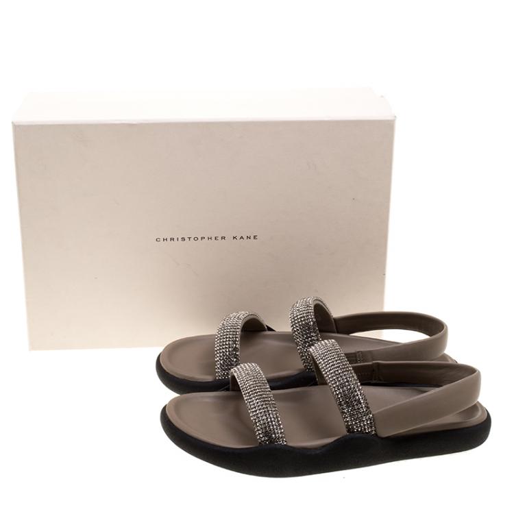 Pre Owned Christopher Kane Beige Crystal Embellished Flat Sandals Size 38