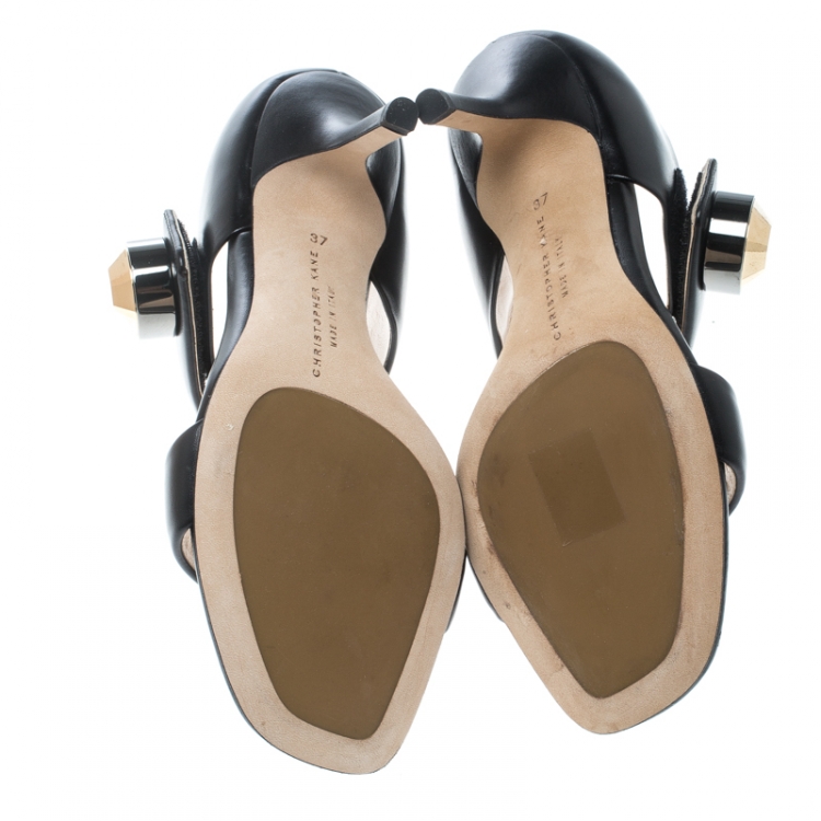 Pre Owned Christopher Kane Black Leather Metal Detail Sandals Size 37