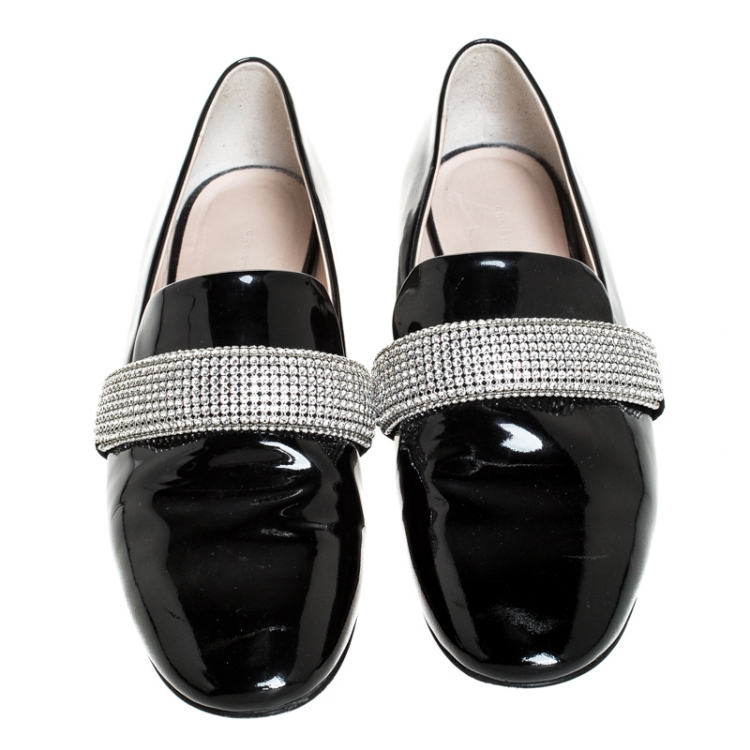 Pre Owned Christopher Kane Black Patent Leather Crystal Embellished Loafers Size 37