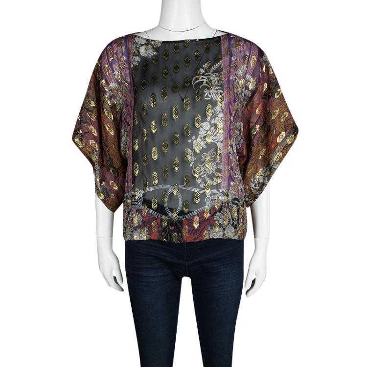 Pre Owned Class by Roberto Cavalli Multicolor Floral Printed Lurex Detail Silk Top S