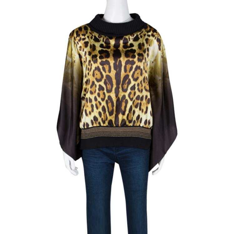 Pre Owned Class by Roberto Cavalli Leopard Printed Silk Wool Rib Trim Kaftan Top M