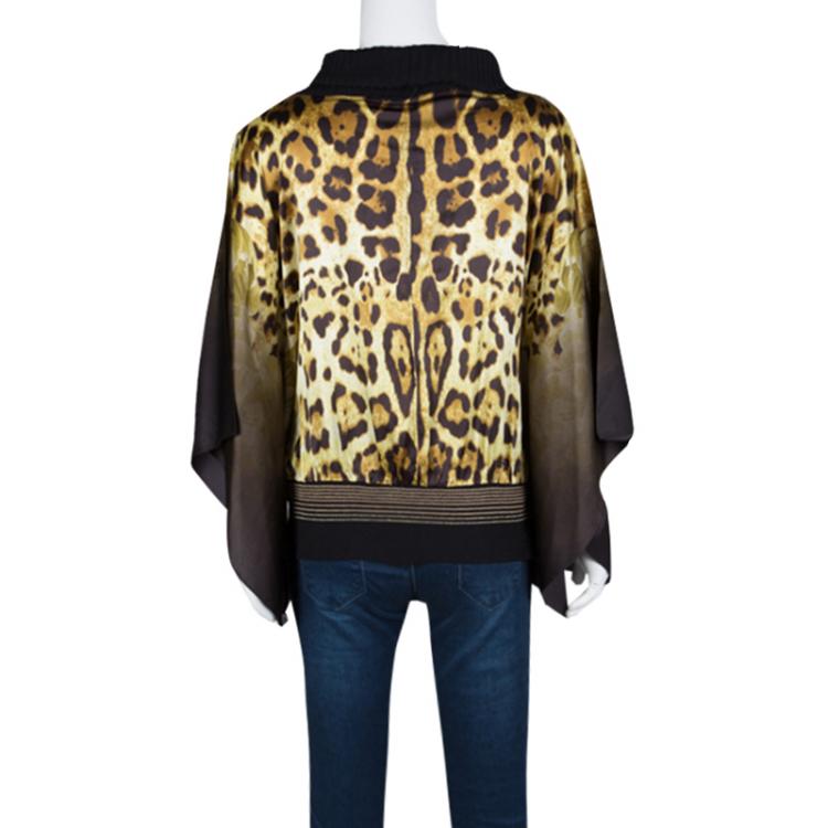 Pre Owned Class by Roberto Cavalli Leopard Printed Silk Wool Rib Trim Kaftan Top M