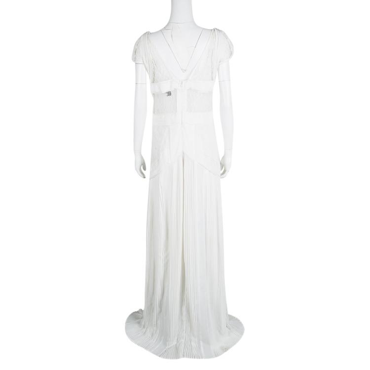 Pre Owned Roberto Cavalli Class Off White Pleated Lace Insert Sleeveless Maxi Dress L