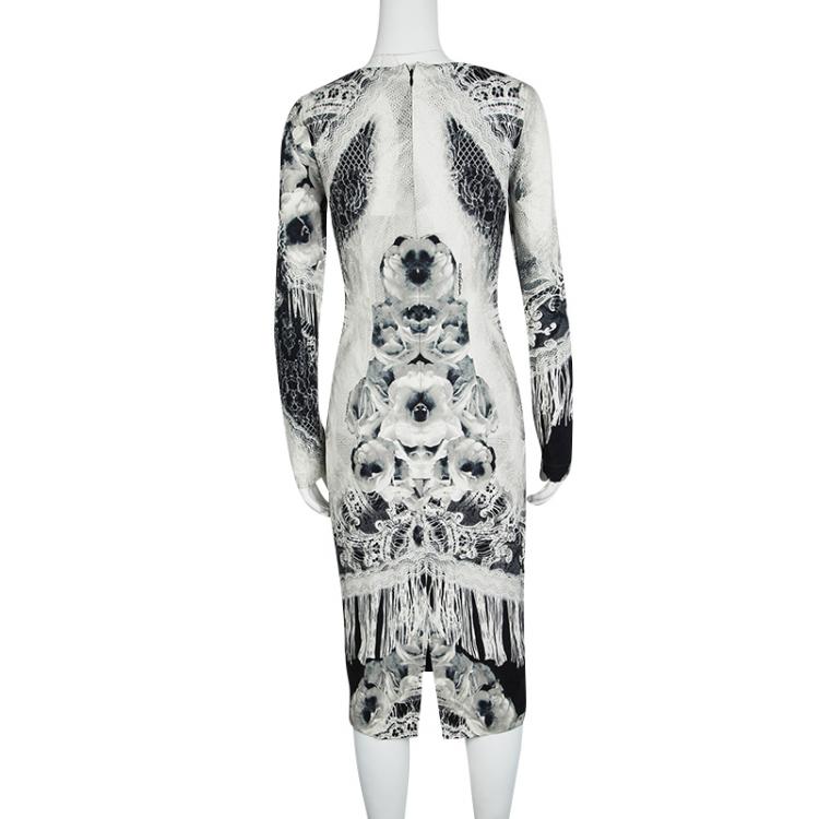 Pre Owned Class by Roberto Cavalli Monochrome Floral Lace Printed Jersey Long Sleeve Dress M
