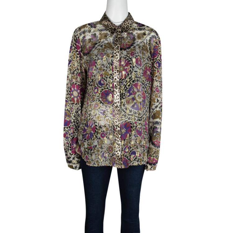 Pre Owned Class by Roberto Cavalli Floral and Animal Printed Silk Lurex Detail Shirt XL