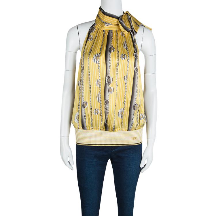 Pre Owned Class By Roberto Cavalli Yellow Printed Silk Sleeveless Top L