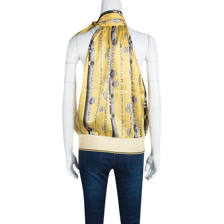 Pre Owned Class By Roberto Cavalli Yellow Printed Silk Sleeveless Top L