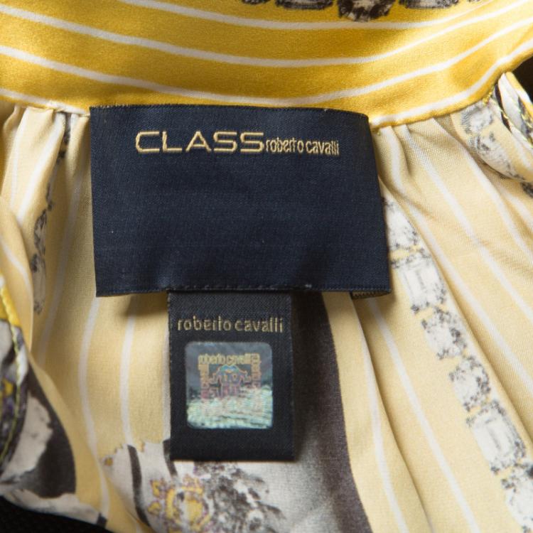 Pre Owned Class By Roberto Cavalli Yellow Printed Silk Sleeveless Top L