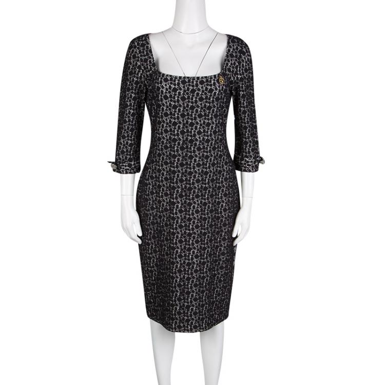 Pre Owned Class By Roberto Cavalli Monochrome Lace Long Sleeve Dress M
