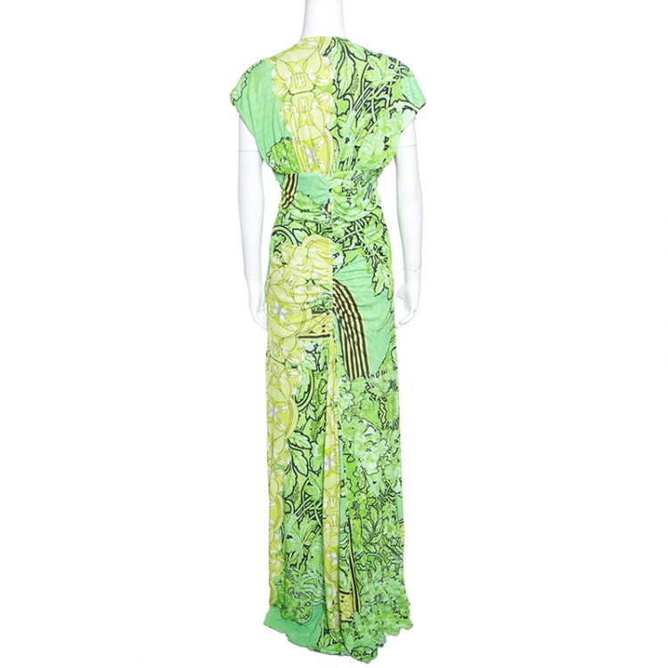 Pre Owned Class by Roberto Cavalli Green Printed Knit Ruched Maxi Dress M