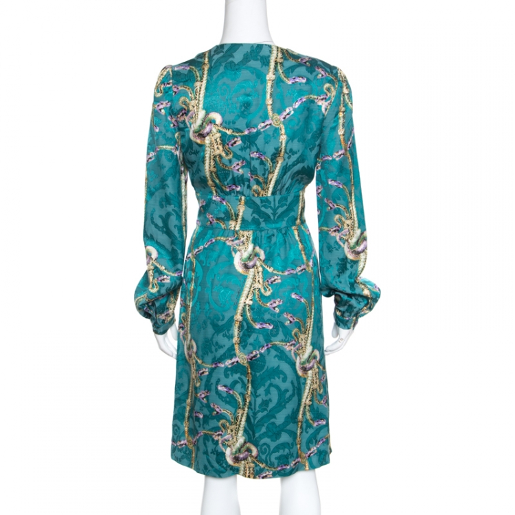 Pre Owned Class by Roberto Cavalli Teal Intertwined Snakes Printed Long Sleeve Dress M