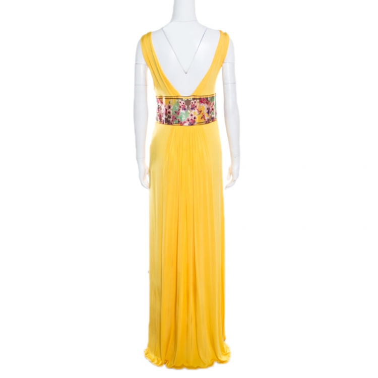 Pre Owned Class by Roberto Cavalli Yellow Knit Floral Trim Embellished Maxi Dress  L