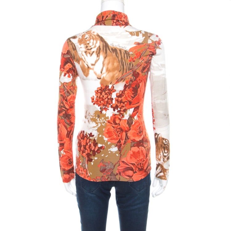 Pre Owned Class by Roberto Cavalli Multicolor Floral and Tiger Figure Printed Long Sleeve Top M