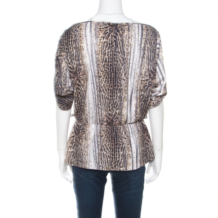 Pre Owned Class by Roberto Cavalli Multicolor Animal Printed Boat Neck Peplum Top L
