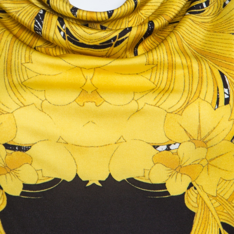 Pre Owned Class by Roberto Cavalli Black and Yellow Baroque Floral Print Cowl Neck Top S
