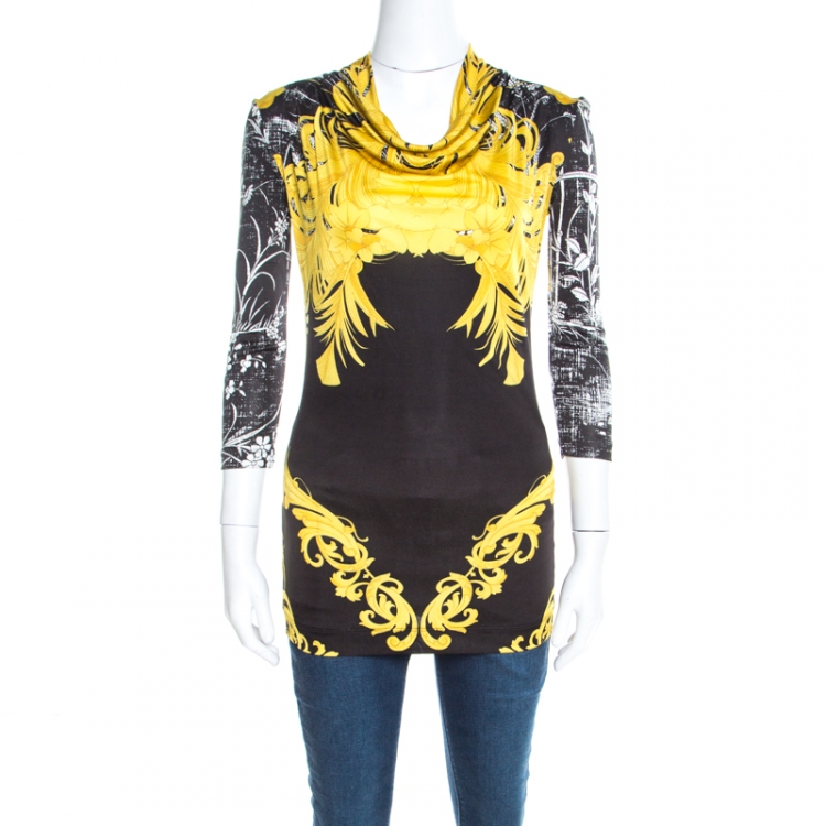 Vend tilbage Ingen Afslag Class by Roberto Cavalli Black and Yellow Baroque Floral Print Cowl Neck  Top S Class by Roberto Cavalli | TLC