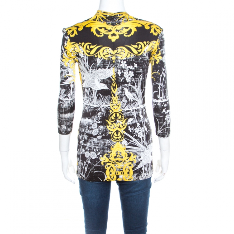 Pre Owned Class by Roberto Cavalli Black and Yellow Baroque Floral Print Cowl Neck Top S