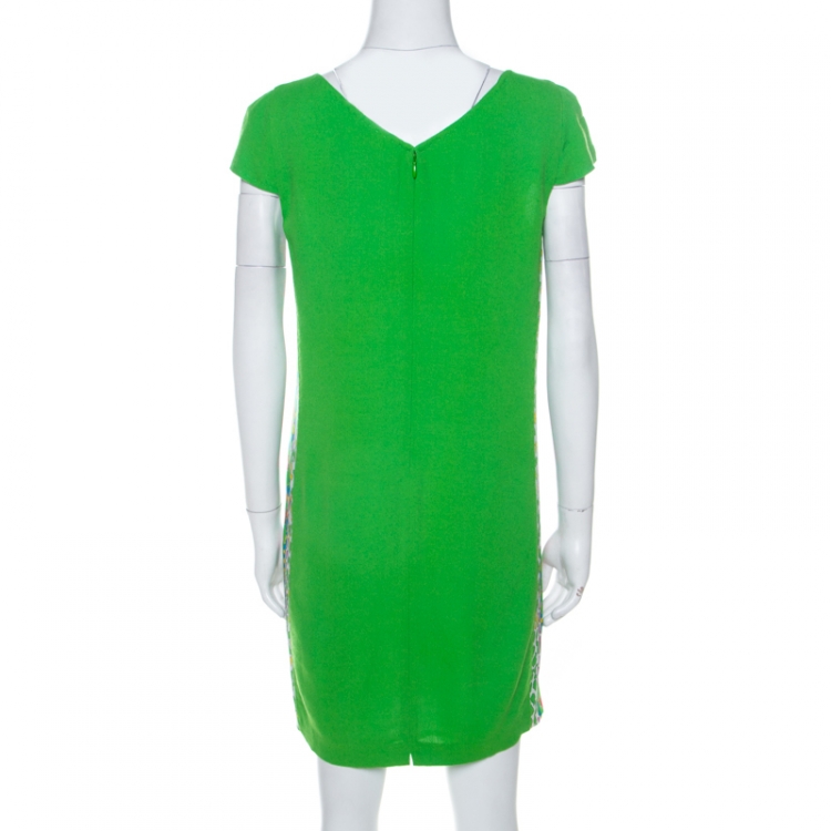 Pre Owned Cavalli Class Neon Green Crepe Embellished Neck Detail Cap Sleeve Shift Dress M