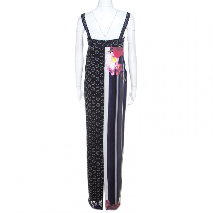 Pre Owned Class by Roberto Cavalli Multicolor Printed Jersey Lace Bodice Dress M