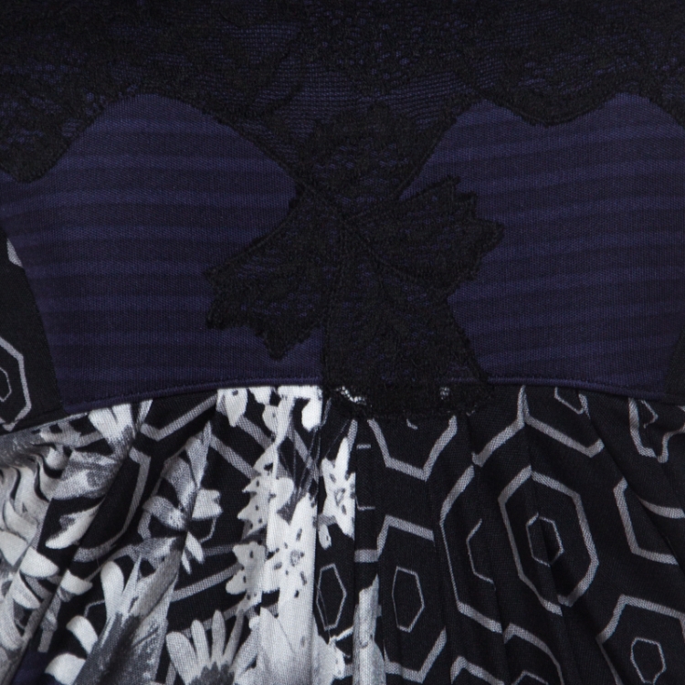 Pre Owned Class by Roberto Cavalli Multicolor Printed Jersey Lace Bodice Dress M