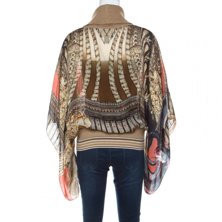 Pre Owned Class by Roberto Cavalli Multicolor Printed Silk and Wool Trim Detail Top L