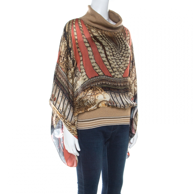 Pre Owned Class by Roberto Cavalli Multicolor Printed Silk and Wool Trim Detail Top L
