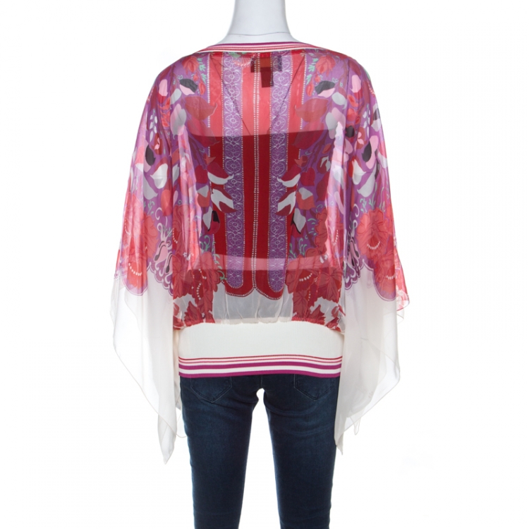 Pre Owned Class by Roberto Cavalli Multicolor Floral Printed Silk Ribbed Detail Top L 