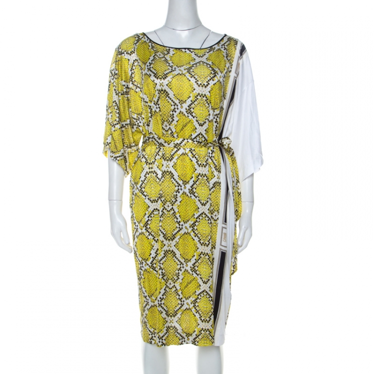 Andesbjergene Havanemone Udvalg Class by Roberto Cavalli Yellow Snake Print Silk Jersey Short Sleeve Belted  Dress L Class by Roberto Cavalli | TLC