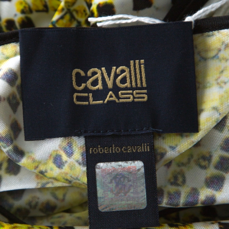 Pre Owned Class by Roberto Cavalli Yellow Snake Print Silk Jersey Short Sleeve Belted Dress L