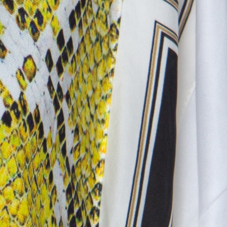 Pre Owned Class by Roberto Cavalli Yellow Snake Print Silk Jersey Short Sleeve Belted Dress L