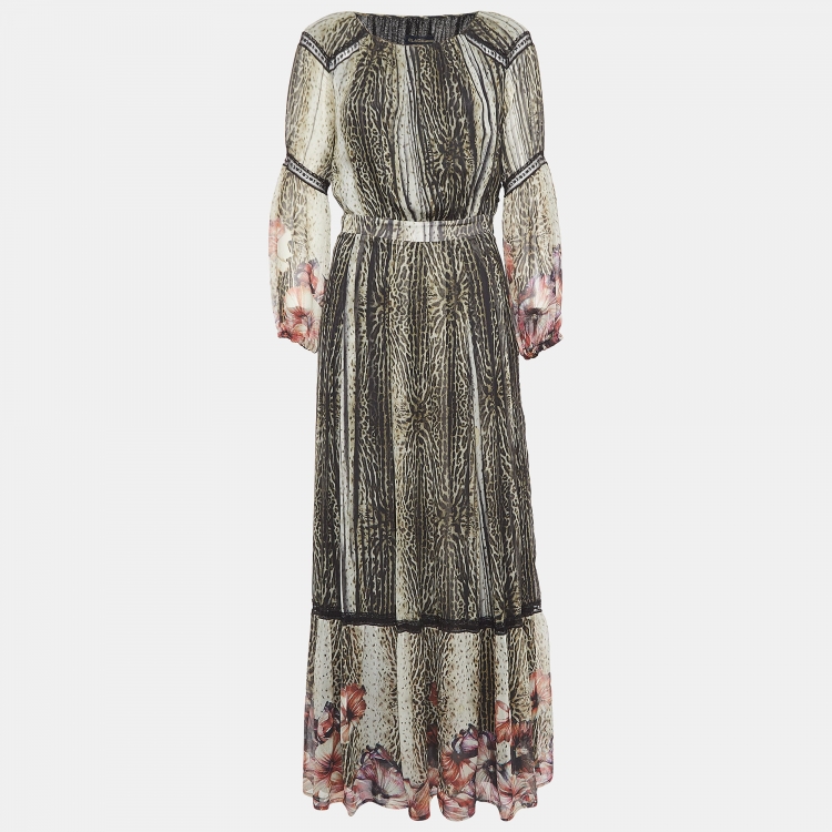 Pre Owned Class by Roberto Cavalli Green Animal Print Lace Insert Chiffon Maxi Dress M