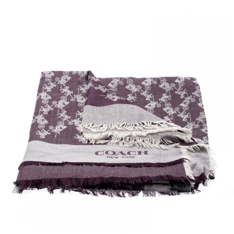 Pre Owned Coach Purple Silk Wool Horse And Carriage Oversized Square Scarf