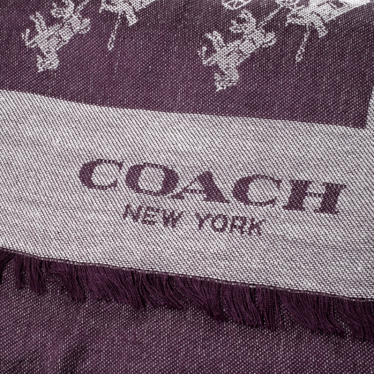 Pre Owned Coach Purple Silk Wool Horse And Carriage Oversized Square Scarf