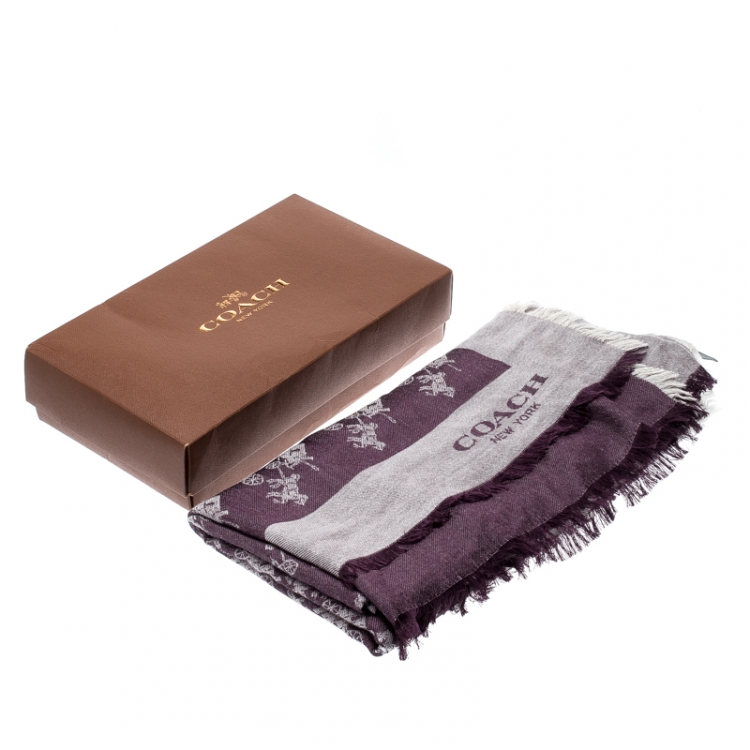 Pre Owned Coach Purple Silk Wool Horse And Carriage Oversized Square Scarf