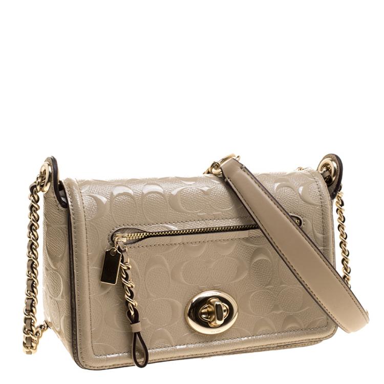 Pre Owned Coach Beige Leather Turn Lock Crossbody Bag