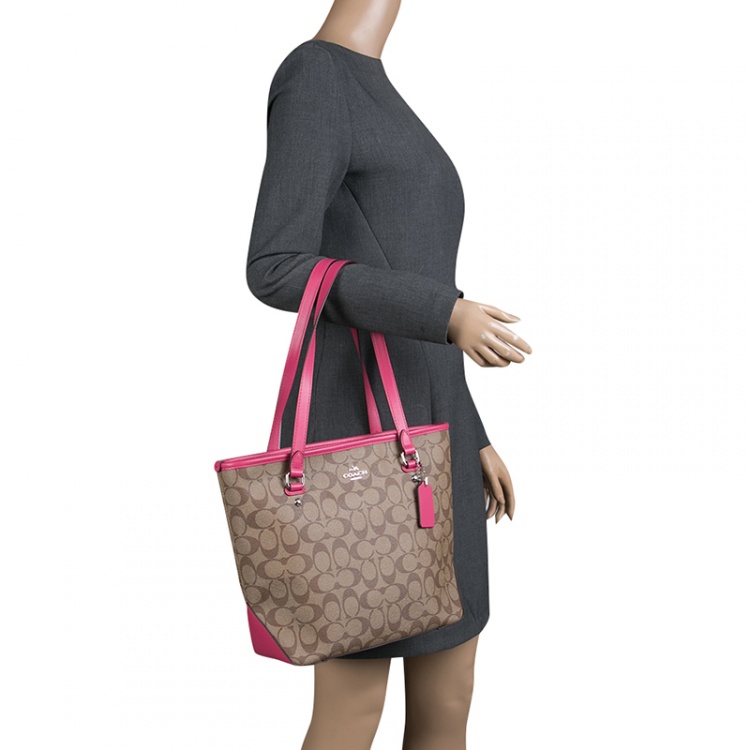 Pre Owned Coach Beige/Pink Signature Canvas and Leather Tote